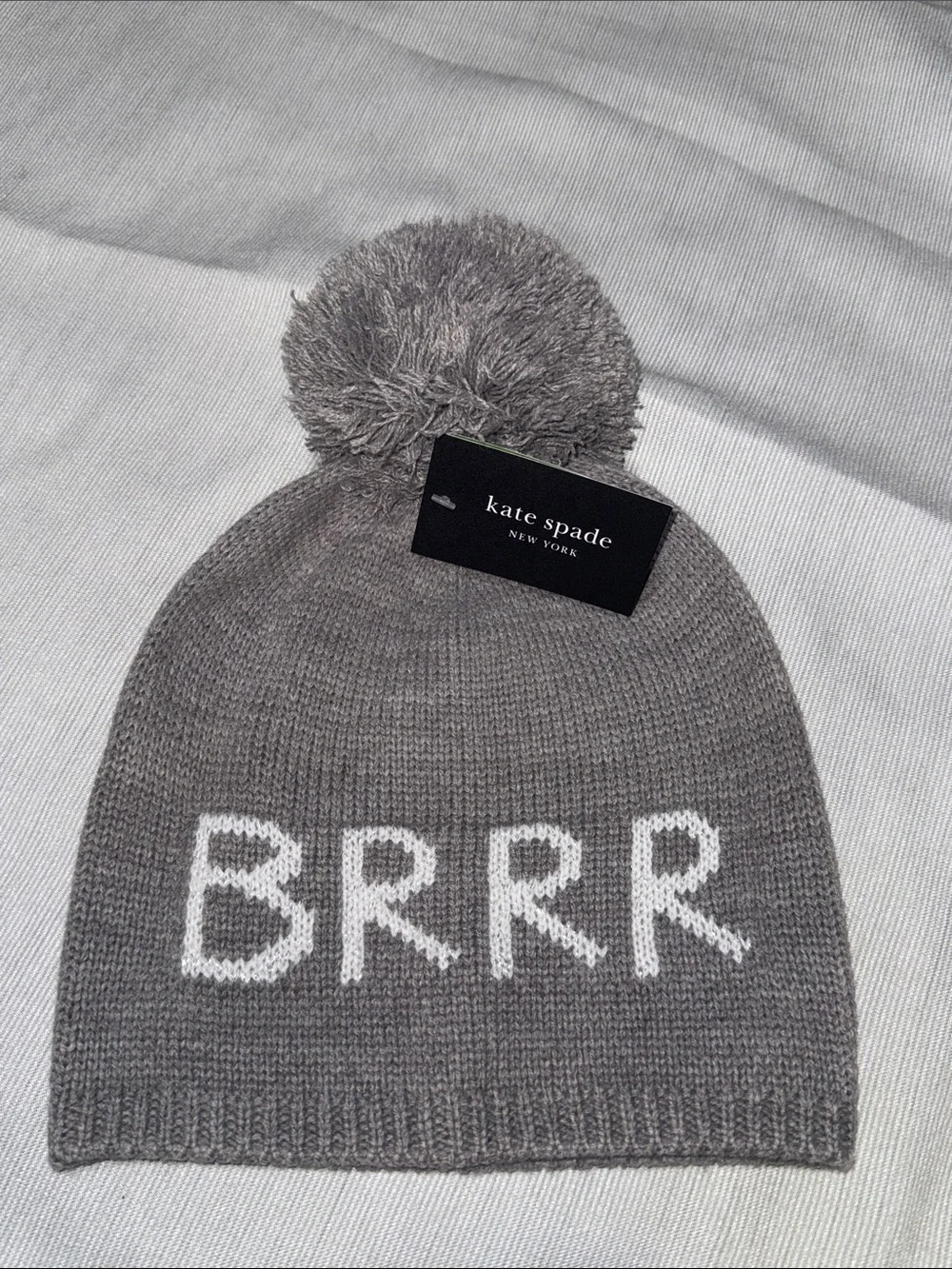 NWT Kate Spade BRRR Gray Metallic Knit Pom Pom Beanie Hat OS